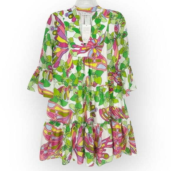 TRINA TURK NWT MOVIE COLONY 2 DRESS SIZE XS - Colorful Silk- Tiered Ruffle - Picture 2 of 11